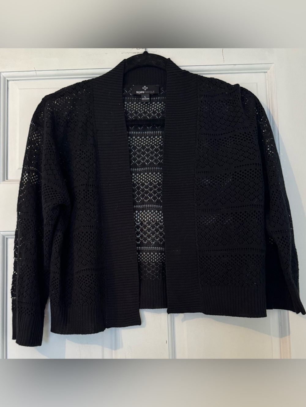 Ronni Nicole Black Open-Front Lace-Knit Cardigan